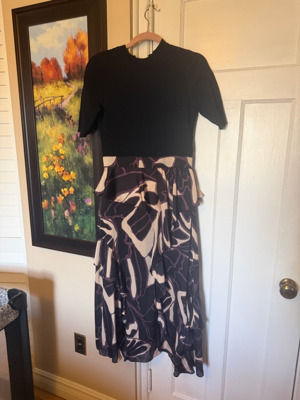 Ted Baker Black Top with Cream and Purple Abstract Midi Skirt Dress
